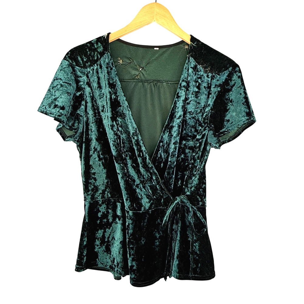 Velvet Wrap Top M Embroidered Flowers Green Romantic Fairytale Front Wrap Bow